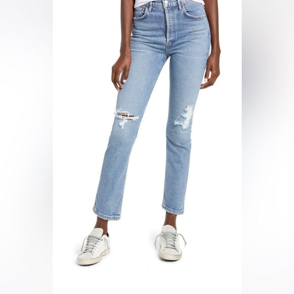 Agolde Riley Ripped High Waist Crop Straight Leg Jeans - Picture 1 of 4